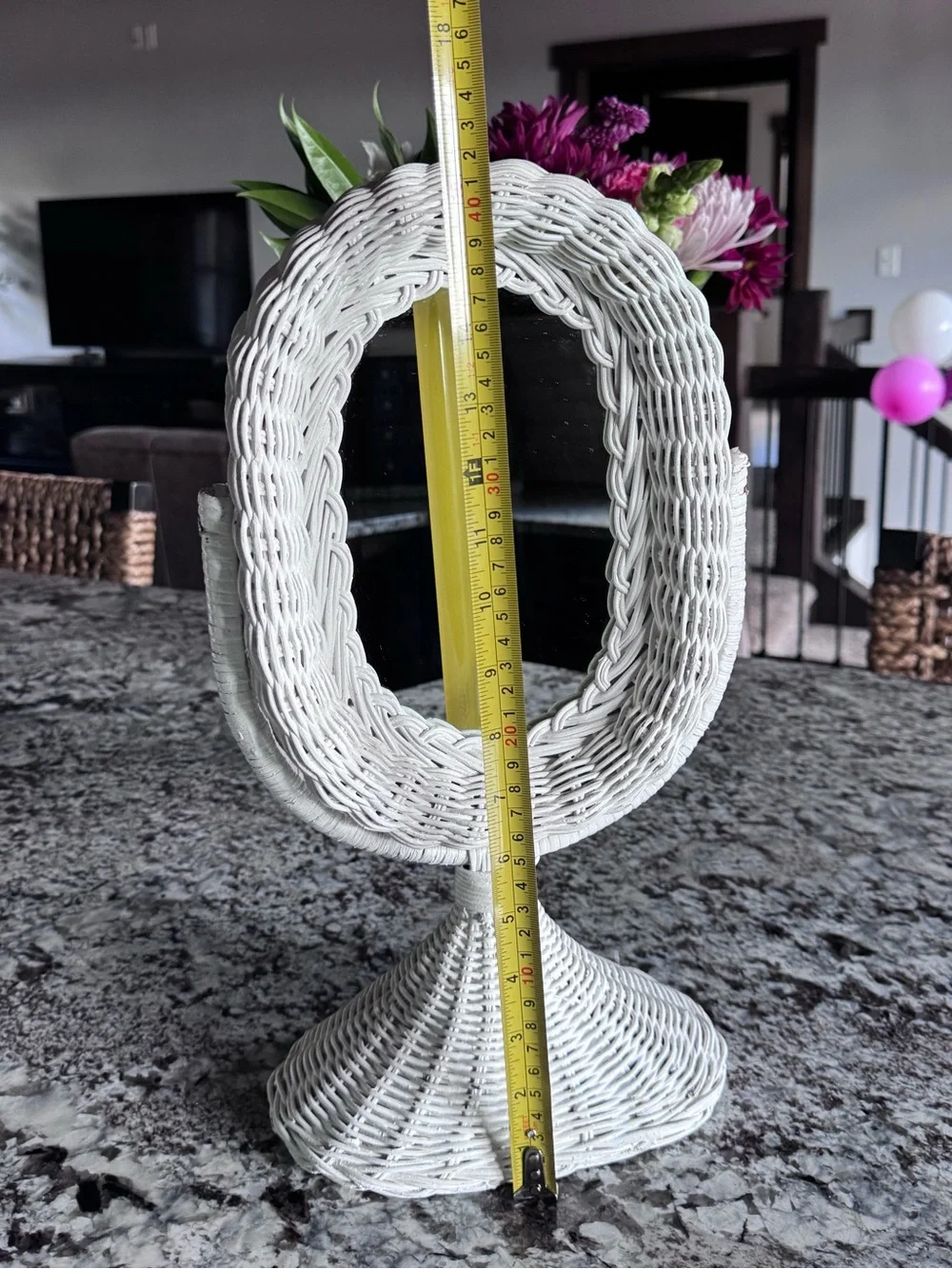 Vintage White Wicker Vanity Mirror Pedestal Tabletop Oval Boho Cottage Decor